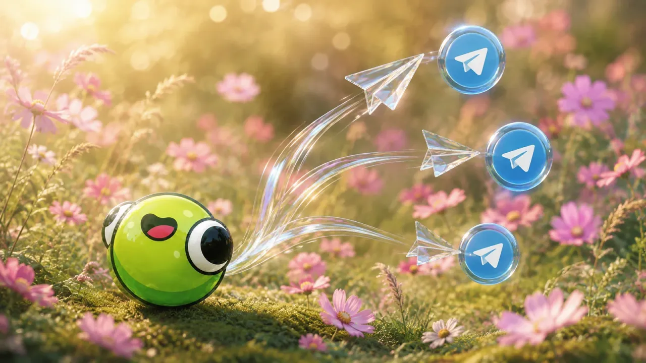 Лягушонок PostFrog отправляет стеклянные самолётики к трём значкам Telegram на цветочном лугу