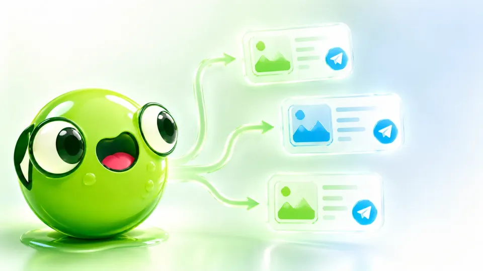 Любопытный маскот PostFrog изучает цепочку похожих Telegram-каналов