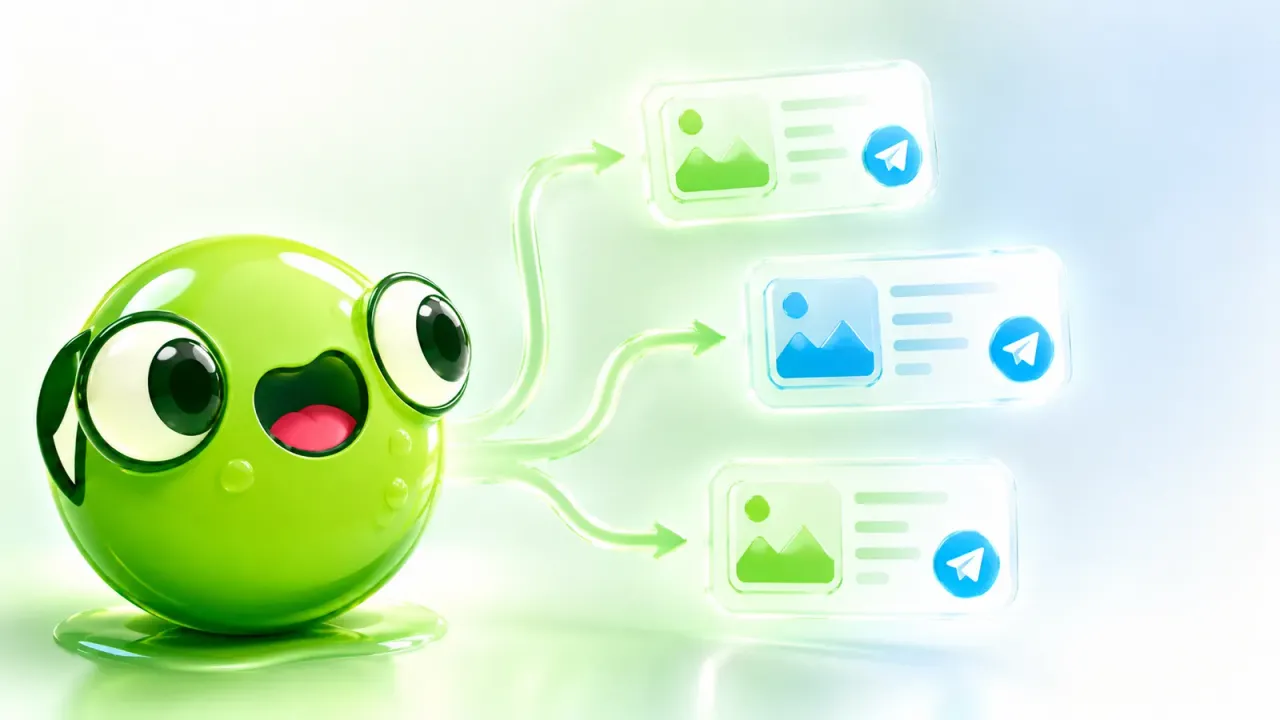Любопытный маскот PostFrog изучает цепочку похожих Telegram-каналов