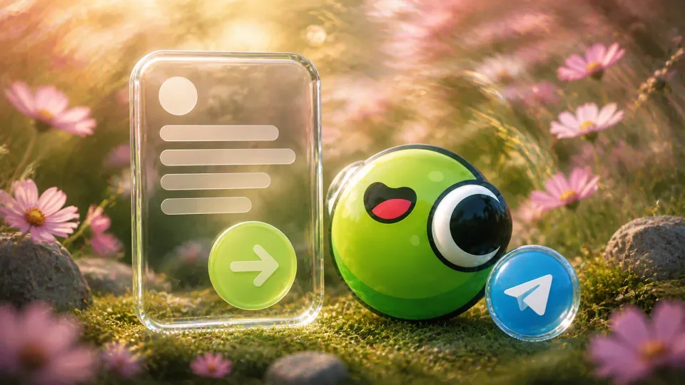 Лягушонок PostFrog, стеклянная карточка предложения и значок Telegram на цветочном лугу
