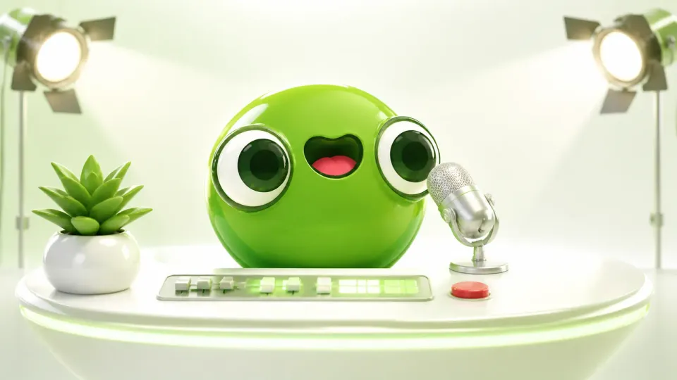 Маскот PostFrog ведет прямой эфир в светлой студии с микрофоном