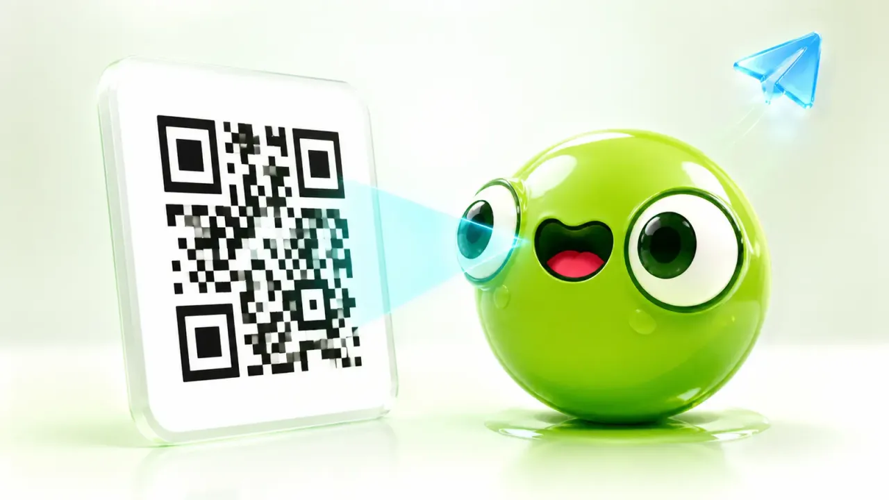 Маскот PostFrog сканирует крупный QR-код Telegram-канала
