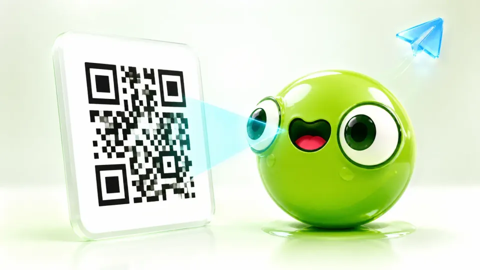 Маскот PostFrog сканирует крупный QR-код Telegram-канала
