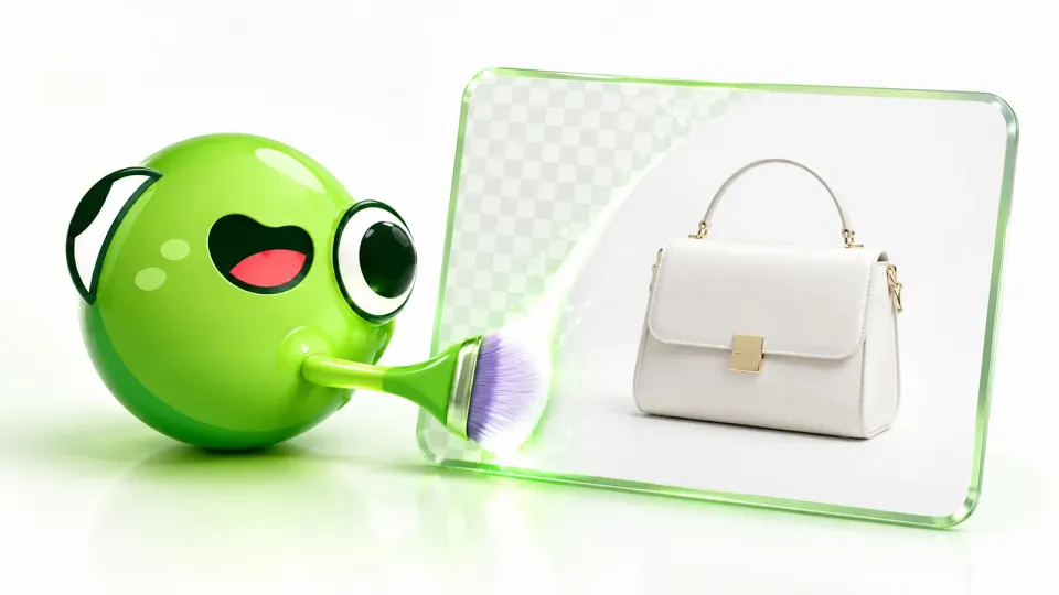 Маскот PostFrog кистью удаляет фон с карточки товара
